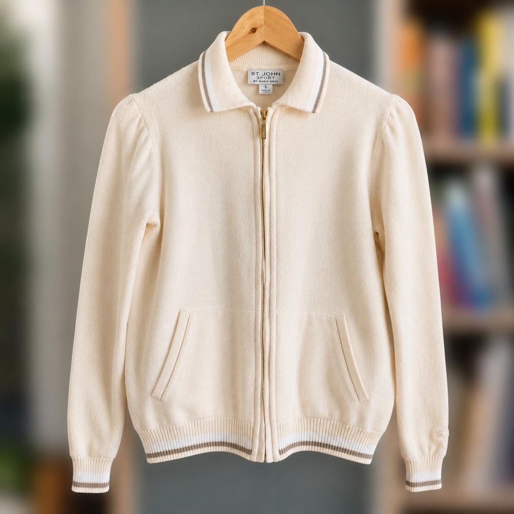 St. John Sport Marie Gray Cream Full Zip Knit Golf Sweater Jacket Small